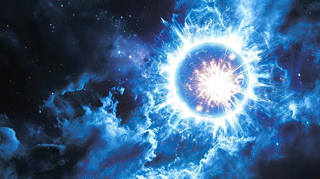 Neutron star exploding, cold bluish colors,