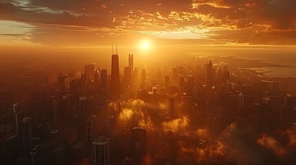 Fototapeta premium Movie still of aerial view from the movie high rise, Chicago skyline at sunset. The aerial view shows the Chicago skyline at sunset during the golden hour.