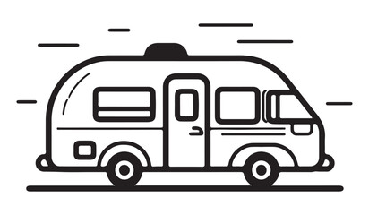 Black line art design of caravan camping, vector illustration on white background