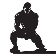 Flat struggling bodybuilder silhouette, black vector illustration on white background