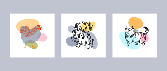 Fototapeta premium Farm, pet animals hand drawing hand drawn poster wall art vector illustration. Cat, dog, chicken line art.