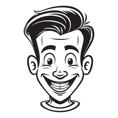 Simple and flat icon of cartoon smiling man face, black vector illustration on white background