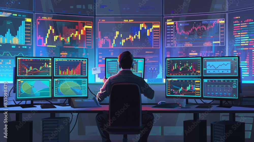 Aufkleber a man is seated at a desk, surrounded by numerous computer monitors, focusing on work or tasks.