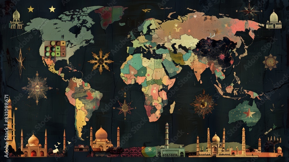Poster create a world map displaying the global distribution of major religions. use different colors or sy