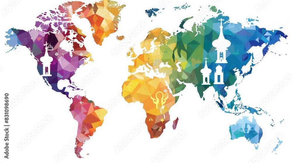 Poster create a world map displaying the global distribution of major religions. use different colors or sy