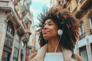 Young busy successful beautiful afroamerican fashion woman, fashion dressed  thinking, with retro earphones listening music and walking on big city urban street outside, view from bottom