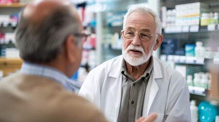Obraz premium Senior man discussing his medications with a pharmacist in a bright pharmacy