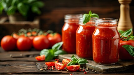 Tomato sauce in glass jars on an old wooden table with fresh tomatoes and basil leaves, ready to be served as part of the meal or for use in cooking.