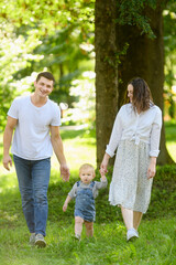 Mom and dad hold their child hands while walking along grass in park on summer day. Happy family lifestyle concept.Happy family walking in nature,feeling of fun while spending time together.Vertical