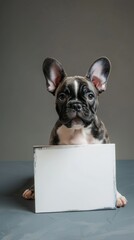 A cute black and white dog is holding a white sign in its mouth