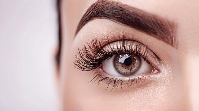 Close-up of a beautiful eye with long lashes and well-defined eyebrow. Perfect for beauty, makeup, and skincare themes. High detail and clarity. AI - Powered by Adobe