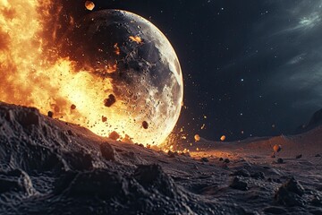 The moon satellite explodes in space, surreal landscape