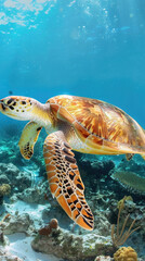 Obraz premium A turtle gracefully glides over a vibrant coral reef in the clear ocean waters