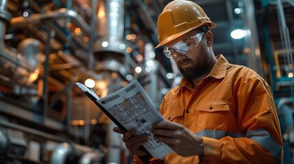 A machine operator reading technical manuals, close up, procedural knowledge theme, realistic, overlay, quiet office backdrop