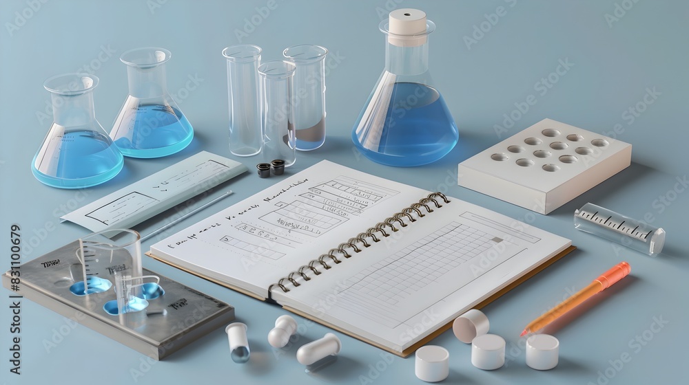 Poster detailed 3d rendered lab notebook documenting experiments and results