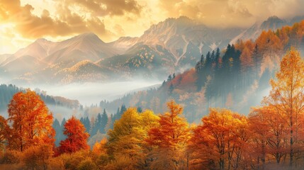 Pastel autumn background with a view of a mountain range and trees in fall colors.
