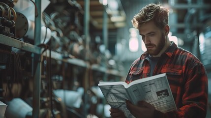 A machine operator reading technical manuals, close up, procedural knowledge theme, realistic, overlay, quiet office backdrop