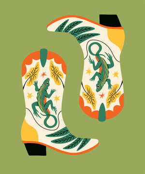 Retro cowgirl boot with Basiliscus and monstera. Groovy cowboy western and wild west theme. Hand drawn vector design for t shirt, sticker, poster.
