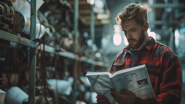 A machine operator reading technical manuals, close up, procedural knowledge theme, realistic, overlay, quiet office backdrop