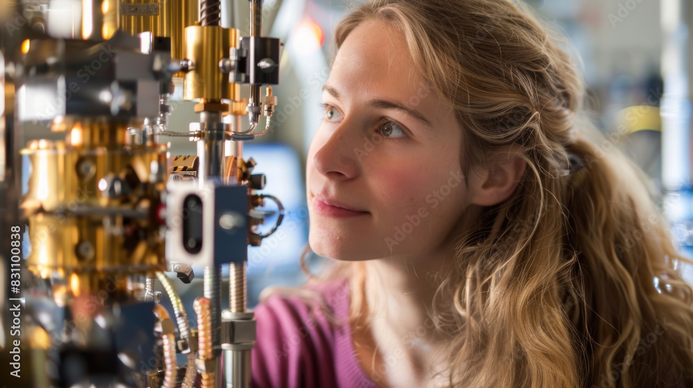 Poster a woman is attentively examining a machine in a factory setting, observing its functionality and ope
