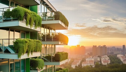 green building with balconies full of greenery overlooking the city at sunset.ecofriendly building...