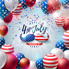 Obraz premium 4th of July Independence Day of the USA Vector Illustration with Mustache. American Flag Pattern Party Balloon and Falling Confetti on Dark Blue Background. Fourth of July National Celebration Design