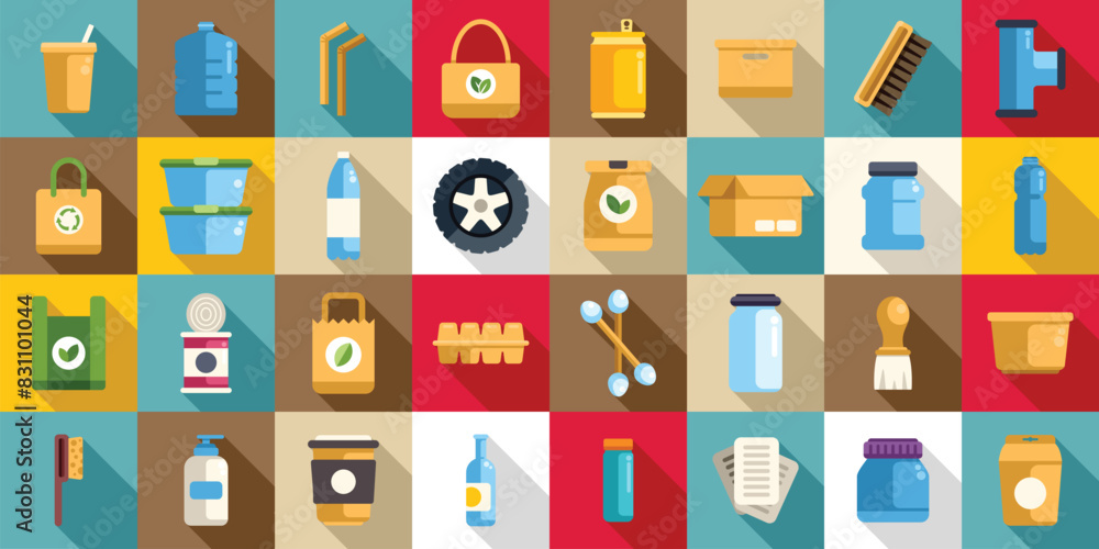 Poster products that can be reused icons set vector. a collection of various items, including a bottle, a c