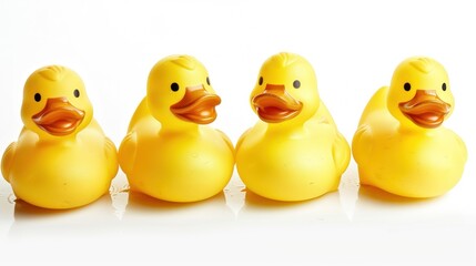 yellow rubber ducks on white background copy space