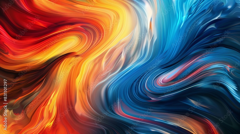 Poster colorful abstract art with vibrant swirls of red, orange, and blue, creating a mesmerizing and dynam