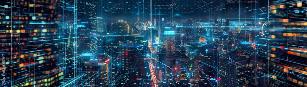 Poster futuristic cityscape with digital overlay showing interconnected networks and advanced technology in