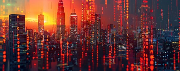 Futuristic cityscape with glowing skyscrapers and digital data streams, representing technology, urban development, and digital transformation.