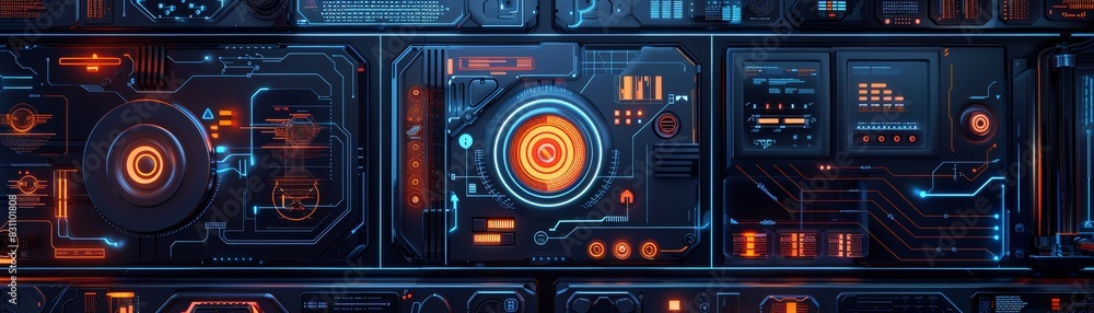 Poster futuristic control panel with advanced technology, glowing interfaces, and high-tech design elements