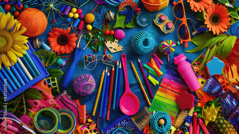 Poster a variety of different colored items spread out on a table, creating a vibrant and lively scene