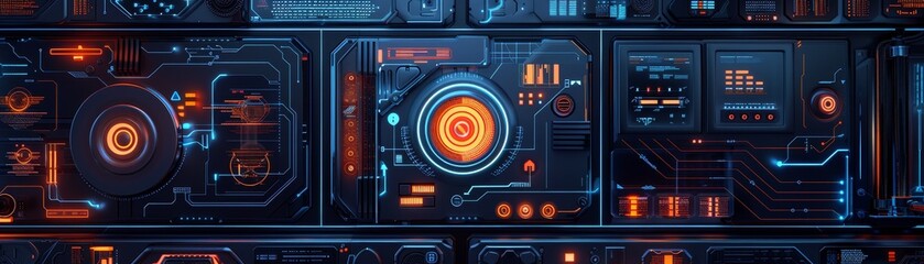 Futuristic control panel with advanced technology, glowing interfaces, and high-tech design elements in a dark, sci-fi setting.