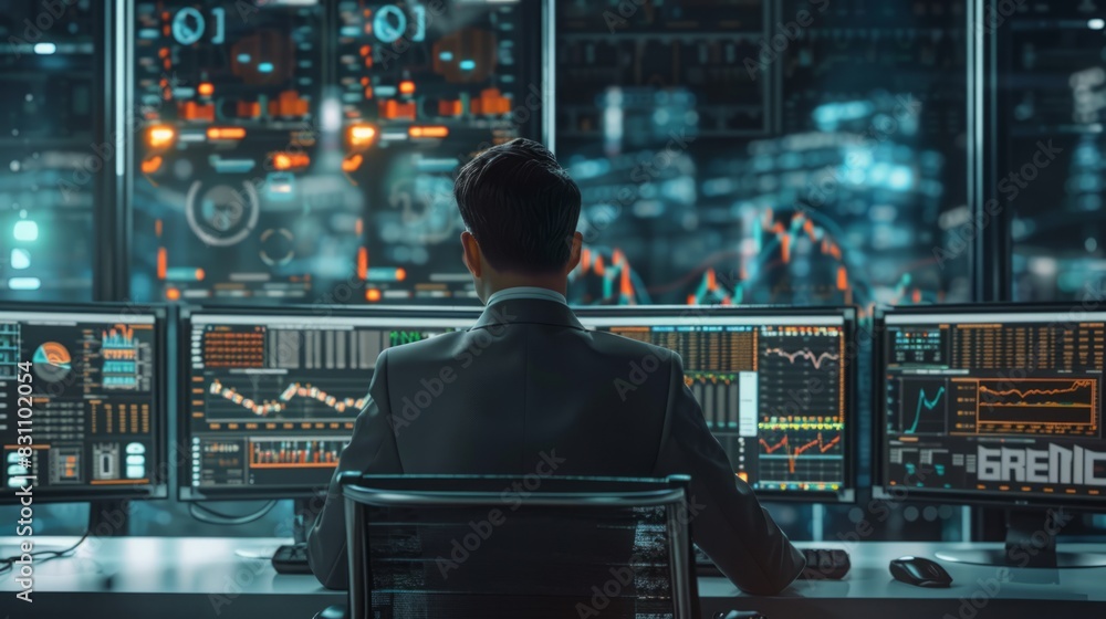 Poster a man is seated at a desk, surrounded by multiple computer monitors in a room.