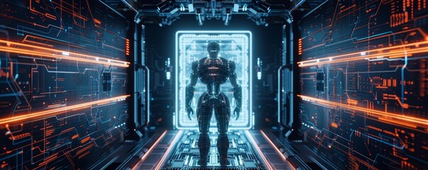 Futuristic cyborg standing in a high-tech hallway with glowing lights and advanced technology, representing the concept of artificial intelligence.