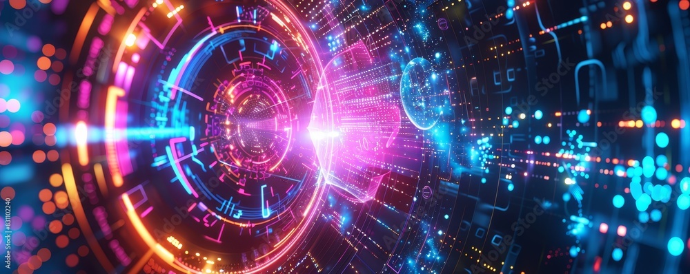 Poster futuristic digital abstract technology background with glowing neon circles and lines, representing 