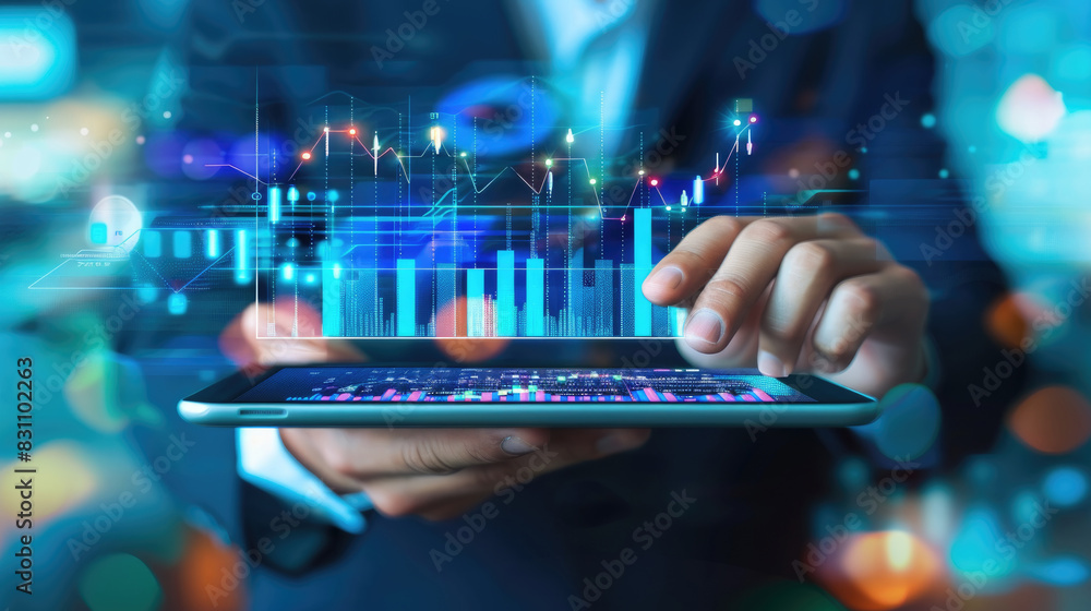 Poster a business professional uses a tablet to analyze data and financial graphs in a high-tech environmen
