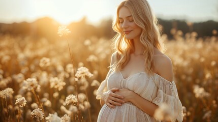 Young and beautiful woman expecting a baby soon. She is outdoors, surrounded by flowers and sunshine.