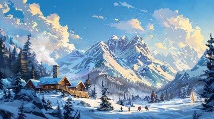 A whimsical cartoon banner advertising a mountain resort hotel, featuring cozy cabins, guests hiking and skiing, and a warm, inviting lodge with smoke rising from the chimney, all set against a