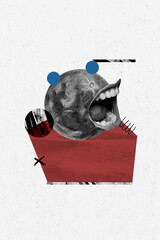 Vertical photo collage of moon planet ball human mouth scream teeth lips tongue body parts space...