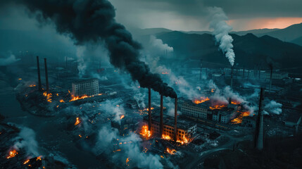 A large factory complex in a mountainous region is engulfed in flames, emitting thick black smoke as dusk falls. Multiple buildings are burning, creating a dramatic scene