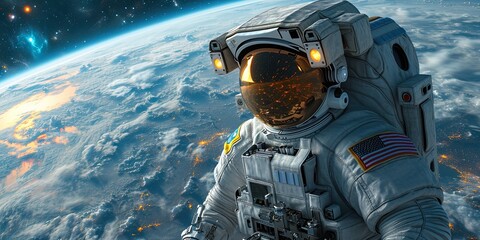 futuristic space station, astronauts wearing high-tech suits and a view of Earth in background