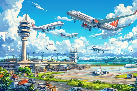 A detailed cartoon banner advertising an airport, featuring a mix of international flights, colorful planes on the runway, and an array of amenities like duty-free shops, restaurants, and relaxation