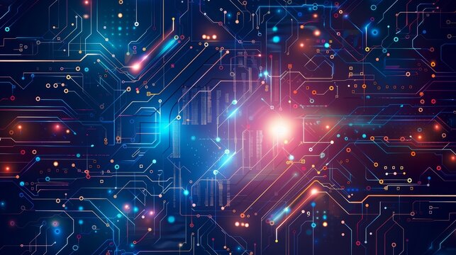 Futuristic digital circuit board with glowing lights, representing the concept of technology, innovation, and artificial intelligence.
