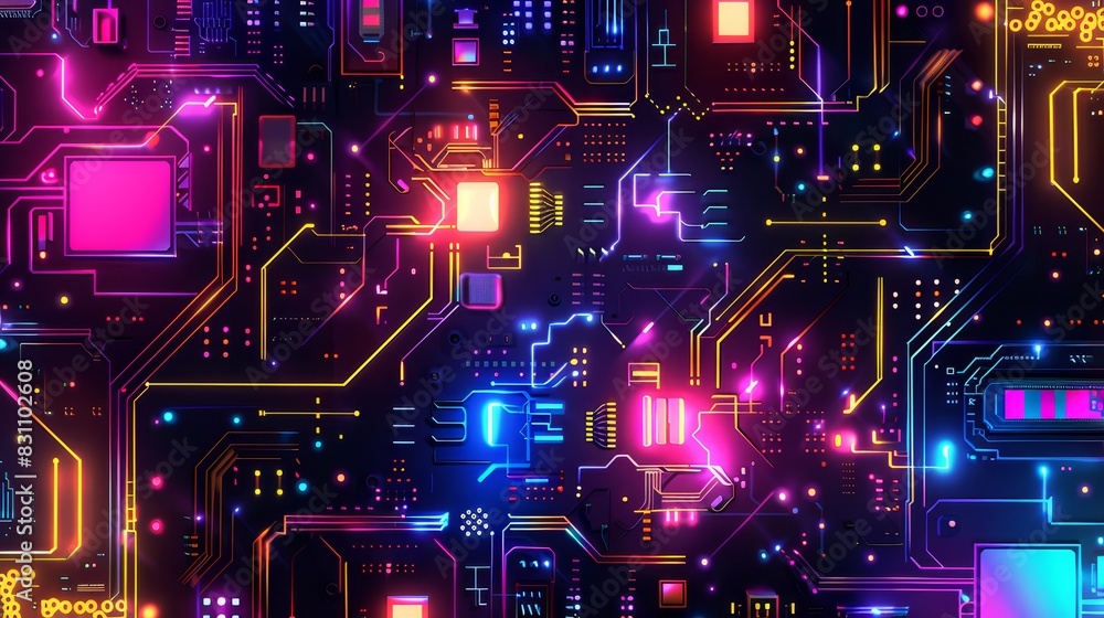 Poster futuristic digital circuit board with neon lights and glowing elements, representing electronic tech
