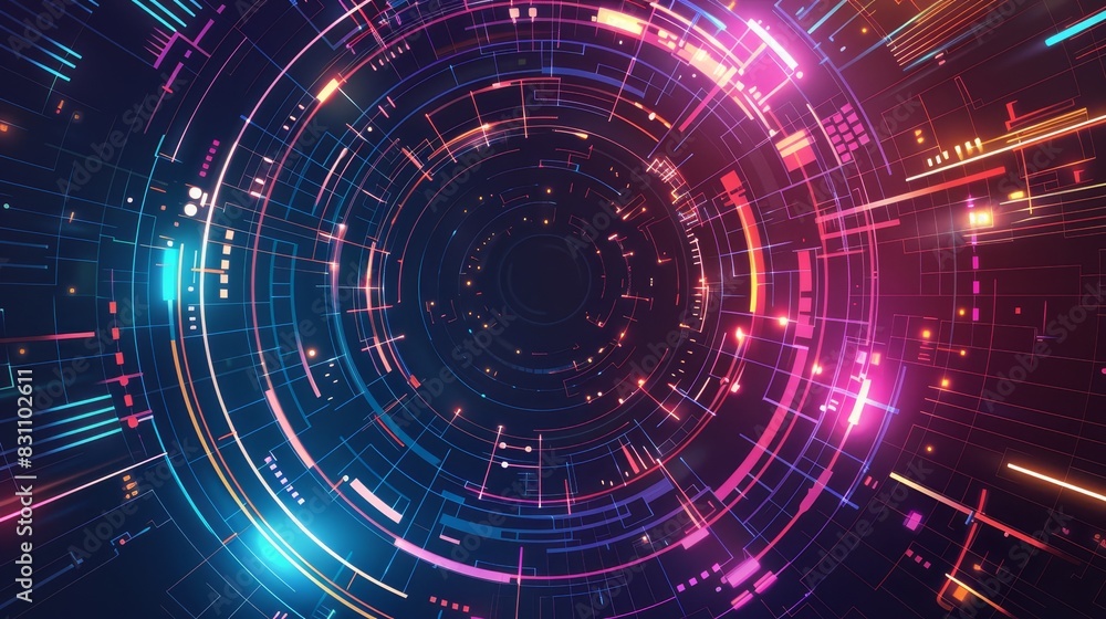 Poster futuristic digital circular neon technology interface design with vibrant glowing lines and circuits