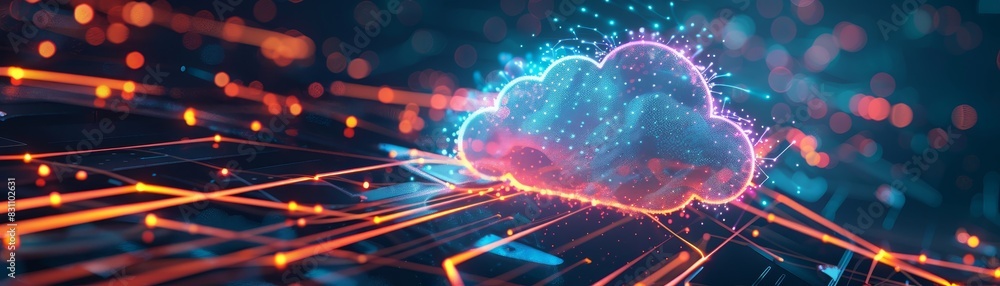 Poster futuristic digital cloud technology concept with glowing circuits, representing cloud computing, dat