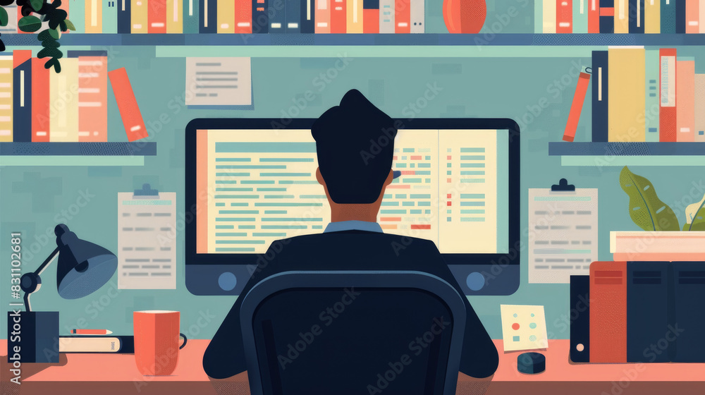 Aufkleber a man is seated at a desk with a computer, typing and focusing on the screen