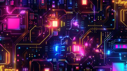 Futuristic digital circuit board with neon lights and glowing elements, representing electronic technology and advanced computing systems.